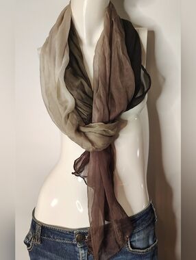 Sheer Lightweight Handmade Long  Silk Scarf in Sage Taupe Brown